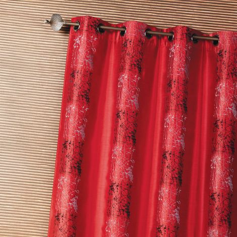 Rideau shantung brodé bandes de motifs ethniques Rouge Orangé 140x260 cm