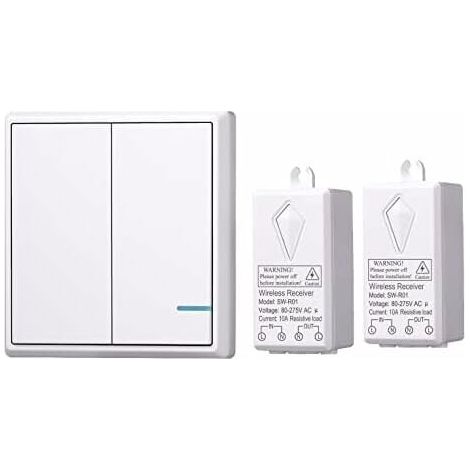 Kit Interrupteur Lumiere Sans Fil - 1 Interrupteur Double + 2 Recepteurs - Portee 100 M Interieur - Installation Sans Cable - Pour Maison Garage Sous Sol (1/5)