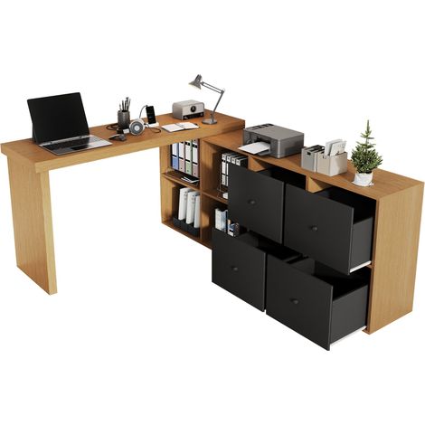 Scrivania Angolare con 4 Cassetti e 4 Vani, Piano Girevole a 360°, in MDF, per Studio, Nera (1/5)