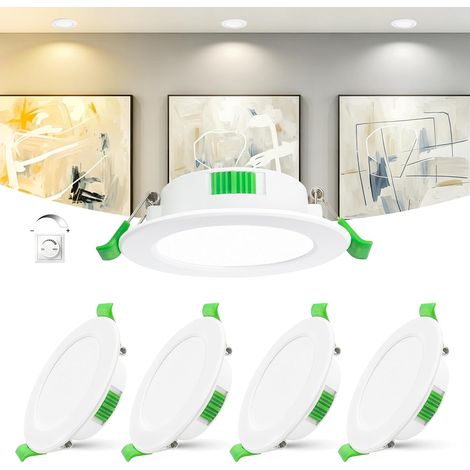 Lot de 4 Spots LED Encastrables Extra Plat 25mm, 6W Dimmable 0-100% avec Variateur, 2700K/4000K/6000K, IP44 Spot Salle de Bain, CRI 90, Découpe Ø55-68mm, 230V, Blanc (1/5)