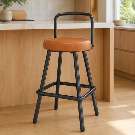 Lot de 2 tabourets de bar avec dossier ergonomique en cuir régénéré marron, repose-pieds et pieds en métal, assise rembourrée pour cuisine et îlot CHICFURN (1/5)