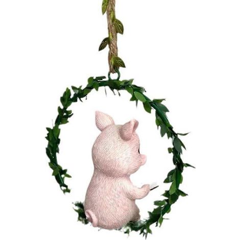 Statuette d'animal créative Cochon se balançant sur une balançoire, figurine suspendue à un arbre, cochon sur une balançoire (1/4)