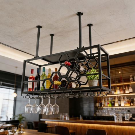 Étagère À Vin,Casier À Vin au Plafond avec Support pour Verres Et Étagère,2 Niveaux Porte-Bouteilles de Vin Suspendu,Casier À Vin Suspendu au Plafond pour Bar,Cuisine, 100x30x40cm, noir (1/5)