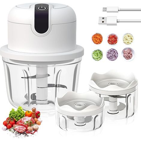WIYETY Tritatutto elettrico ricaricabile con 3 contenitori (100/250/350 ml), tritatutto per cipolle, carne, frutta e cipolle. (1/5)