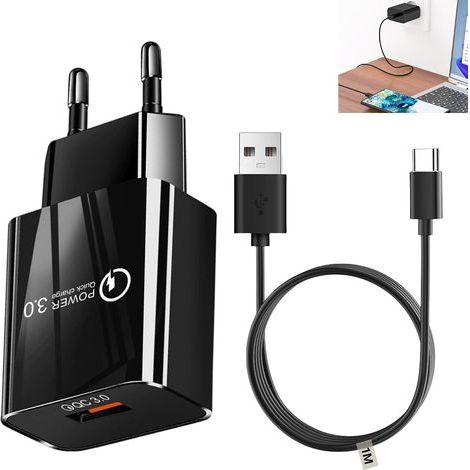 18W Chargeur Type C Charge Rapide, Adaptateur Secteur Quick Charge 3.0 pour Samsung Galaxy Note9/S9/S9 Plus/Note8/S8/S8 Plus/S7/S7 Edge/S6/S6 Edge, Xiaomi, Huawei, HTC, avec Câble USB C 1M (1/5)