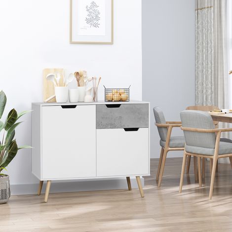 Buffet de cuisine à 2 portes et 1 tiroir, style moderne avec pieds inclinés, 98 x 39 x 81,5 cm, blanc et gris (1/5)