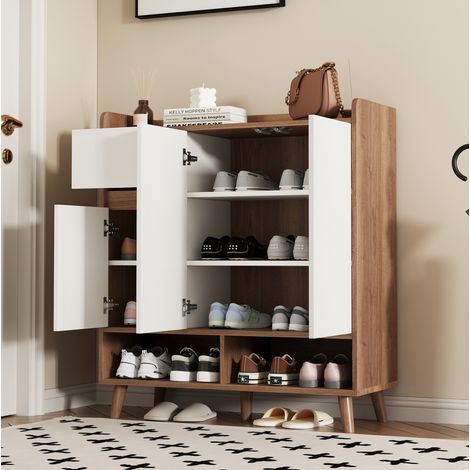 Zapatero con estantes ajustables y cajones, 90 x 35 x 99 cm, blanco y natural HAVRYA (1/5)