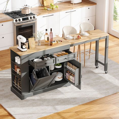 Îlot de cuisine extensible sur roulettes avec poubelle et tiroirs, table de bar avec rangement, mobile et autoportant, gris