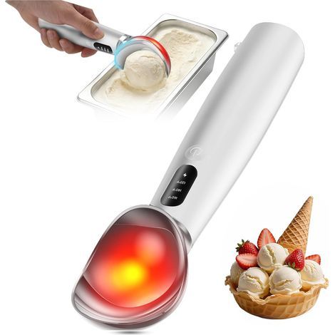 Cuchara de helado eléctrica con calentamiento, 3 modos de temperatura y calentamiento rápido a 160°F, recargable con monitor LED, impermeable IPX7, cuchara fácil para helado duro y cuchara de postre - (1/5)