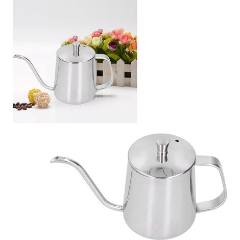 Bouilloire à filtre en acier inoxydable 304 avec couvercle et poignée anti-gouttes, bec fin, long bec en téflon, argentée, 350 ml (1/5)