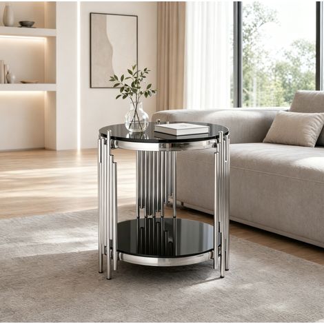 Table salon ronde rangement verre trempé 45 cm noir OKMYHOME (1/5)