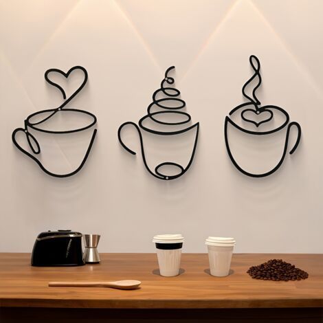 royaluxe-Décoration murale en métal 3 pièces – tasses à café art minimaliste noir, 20,3 cm, pour cuisine salon café bar pub, résistante à la rouille (1/5)