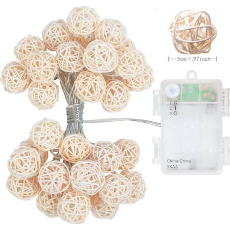 Boule Lumineuse - Guirlande LED Rotin 3 M - 20 Boules 5 Cm - Alimentation Piles AA - Pour Décoration Intérieure Et Extérieure (1/5)