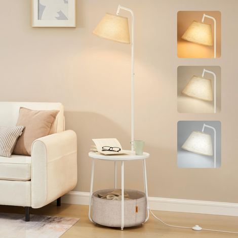 Lampadaire avec Table d’appoint, Lampe sur Pied 3-en-1, avec Table, Panier en Tissu, pour Salon, Ampoule LED Réglable Incluse, Abat-Jour Orientable, Blanc Mat (1/5)