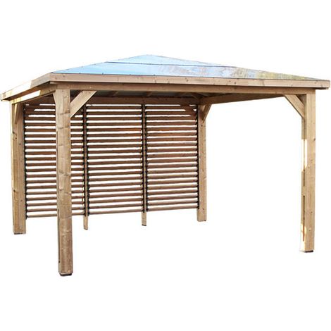 Habrita – Abri de piscine Blueterm en bois thermochauffé 3,50 x 3,50 m – Toiture en panneaux ACP – Ventelles orientables pour aération (1/4)