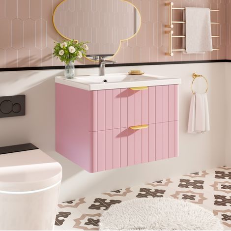 Meuble sous vasque suspendu avec vasque céramique, rangement double, MDF résistant à l’humidité, finition rose et blanche, gain de place pour salle de bain  CHICFURN (1/5)