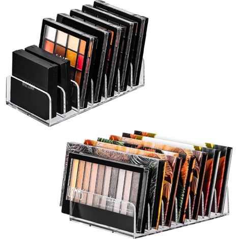 Organizzatore cosmetico in acrilico con 7 scomparti per palette di trucchi e palette di ombretti.