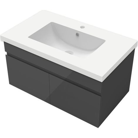 OCEAN Mobile bagno sospeso 79 cm con 2 ante, lavabo incassato, nero (1/4)