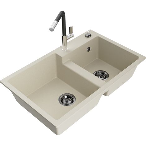 Mexen Tomas 2-Becken-Granitspüle mit Mischbatterie Flora, Beige - 6516-69-670401-07-B (1/5)