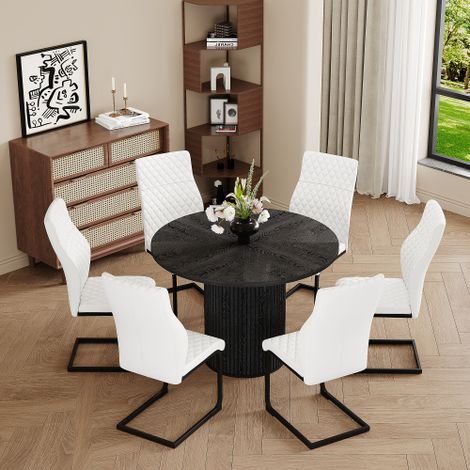 Ensemble table et chaises : table de salle à manger ronde de 100 cm en MDF avec plateau noir, pieds cylindriques et système de fixation Velcro, plus 6 chaises de salle à manger blanches avec motif los