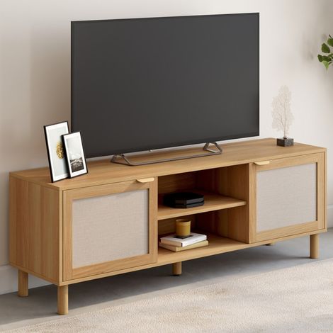 Mueble TV ROBIN 140 cm con 2 puertas de tela efecto lino y madera