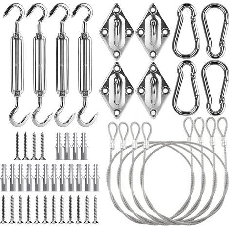 Zubehör für Sonnensegel: Ösen aus Edelstahl, Federhaken, Spannvorrichtungen und 5 mm Drahtseil [44-teiliges Set] + 4 Stränge à 1,5 m Drahtseil (1/5)