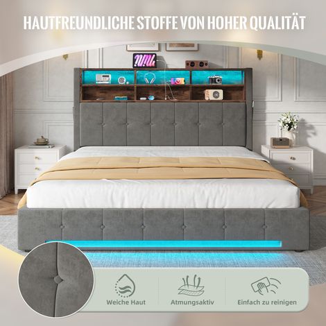 Lit en velours 180x200 cm avec tête de lit multifonction, 6 compartiments, poches latérales, USB-C, LED, rangement hydraulique et grand rangement sous le lit protégé de la poussière (1/5)