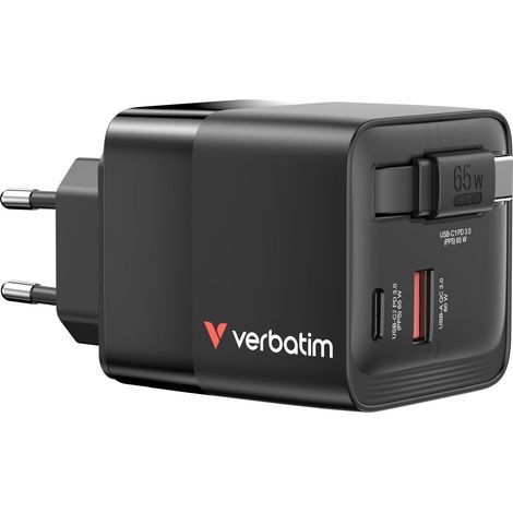 Chargeur mural Verbatim GaN 65 W avec 1 port USB-C PD 3.0 et 1 port USB-A QC 3.0, et câble USB-C PD 65 W (1/5)