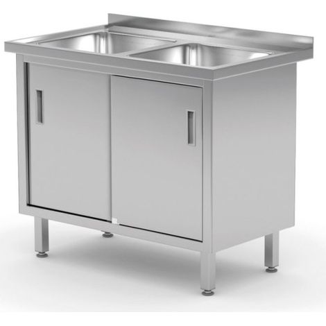 Table avec 2 éviers, placard - soudée, avec portes coulissantes - 60x100xH88 cm - Hendi