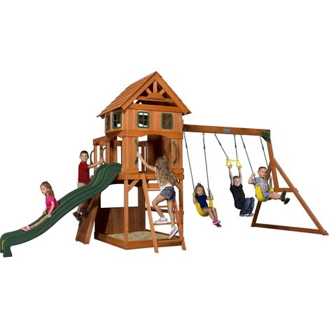 Backyard Discovery – Aire de jeux en bois avec mur d'escalade – Toboggan 244 cm – 2 balançoires et bac à sable – Pour enfants +3 ans