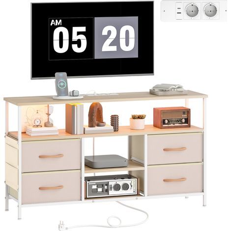 Meuble TV beige et blanc avec éclairage LED, ports USB, étagères ouvertes et 4 tiroirs pliables, 120x30x67,5 cm. (1/5)