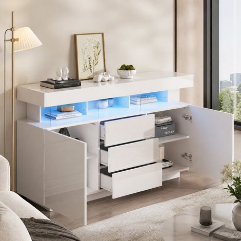 Aparador LED 140 x 35 x 80 cm, 3 cajones, 2 puertas, acabado brillante blanco DESVIAE (1/5)