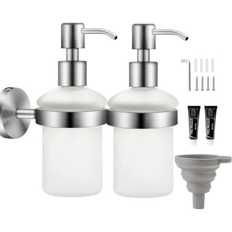 2Pcs Distributeur de Savon Mural Mat Verre 200ML Acier Inoxydable Distributeur Savon sans Percage Salle de Bain Distributeur Shampoing et Gel Douche Distributeur Pompe à Presser avec Entonnoir (1/4)