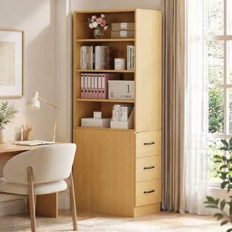 Mobile contenitore alto e stretto 180 cm, 4 vani aperti, 3 cassetti laterali, rovere chiaro HAVRYA (1/5)