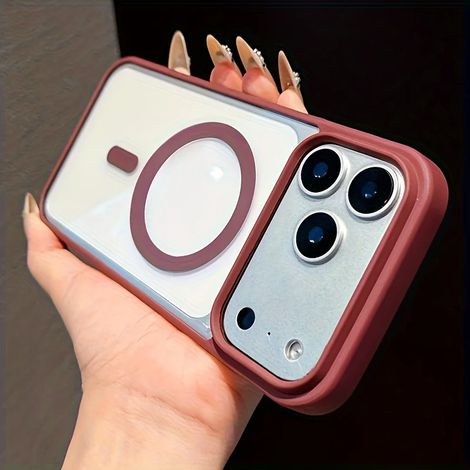 (iPhone 14 Plus, Bordeaux) Coque de protection à chargement sans fil magnétique MagSafe, coque arrière rigide transparente