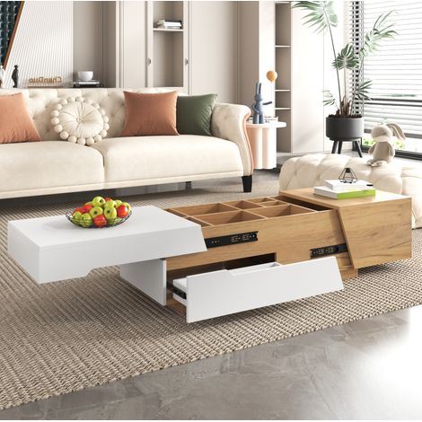 Tavolino basso scorrevole 120x50x37,5 cm in MDF bianco e legno, con contenitore FloraGrace (1/5)