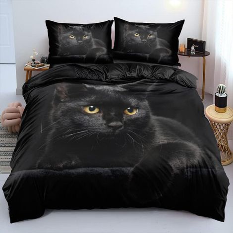 3D Katzen Bettwäsche Set Schwarz 200x200 cm Mikrofaser 3-teilig