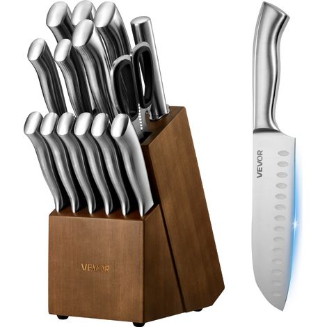 VEVOR Ensemble Couteaux de Cuisine avec Bloc, 15 Pieces, Manche et Lame en Acier Inoxydable a Haute Teneur, Bloc en Bois a Couteaux et Ciseaux de Cuisine Tranchants avec Fusil a Aiguiser (1/5)