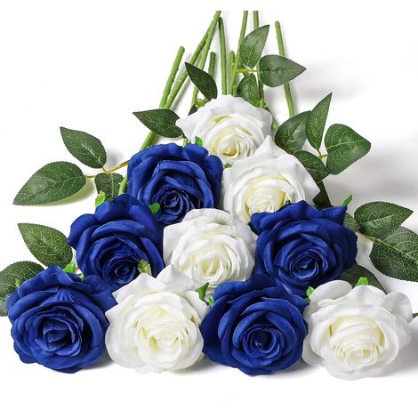 12 Pièces Roses Artificielles Bouquet de Fleurs Faux Soie Fleurs Home Wedding Party Decor(Blanc, Bleu) (1/5)