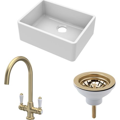 Fireclay Kitchen Bundle - Single Bowl Butler Sink + Strainer Waste & Mono Lever Handle Mixer Tap, 595mm Brushed Brass - Balterley