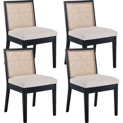 4er Set Esszimmerstühle Leinen mit Rattan Rückenlehne, Vintage Holzstühle Schwarz (1/5)