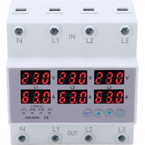 Dreiphasiges DIN-Schienen-Voltmeter/Amperemeter mit automatischem Überstrom- und Überspannungsschutz, Wechselstrom 390–500 V, 63 A (1/5)