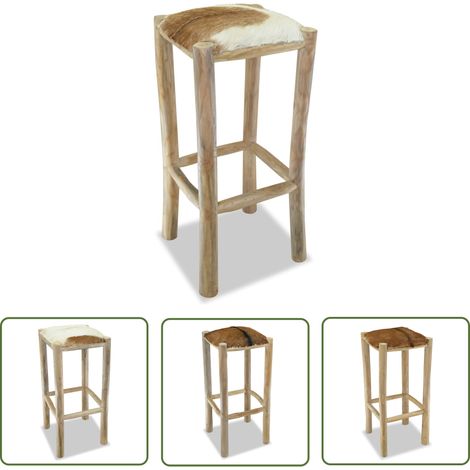 The Living Store Tabouret de bar Cuir véritable et bois de teck solide - Tabouret De Bar - Chaise De Bar - Tabouret De Comptoir - Mobilier De Cuisine - Décoration Intérieure (1/5)