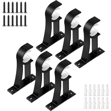 Ensemble de 6 supports de tringle à rideaux robustes en alliage d'aluminium noir avec clips en plastique pour tringles de 25 mm à 30 mm