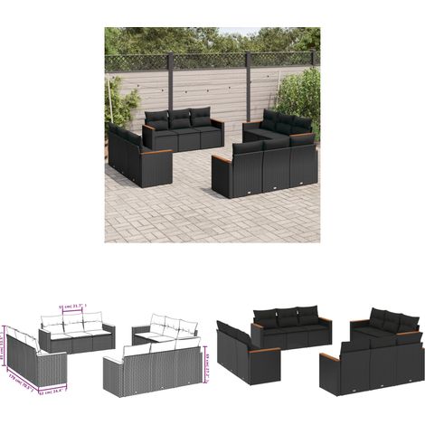 12-tlg. Garten-Sofagarnitur mit Kissen Schwarz Poly Rattan - Gartensofas - Outdoor Möbel - Gartenmöbelset - Rattan Gartenmöbel - Polyethylen Furniture - Home & Living (1/3)