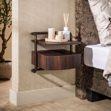 Chevet mural 1 tiroir 1 niche 39x35x37 cm effet bois et bronze - DENMB (1/4)