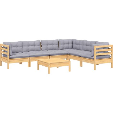 vidaXL Salon de jardin 7 pcs avec coussins gris bois de pin massif (1/5)