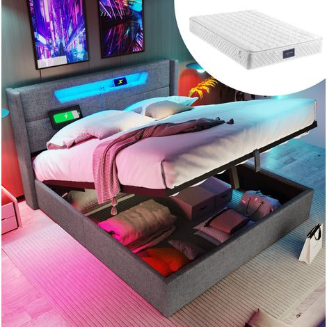 lit adulte rangement LED USB 140x200 lin gris avec matelas HAVRYA (1/5)