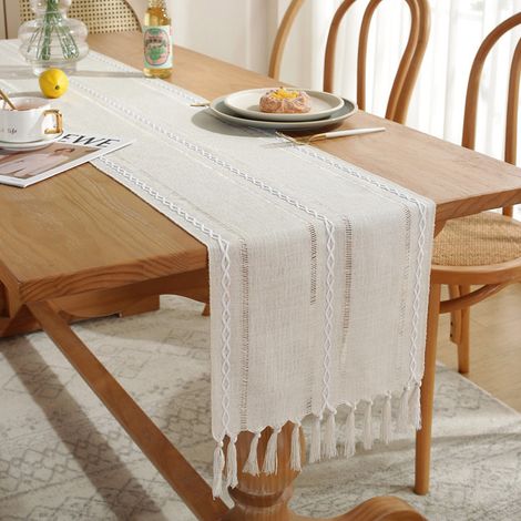 Mode Boho Creme Landhausstil Quasten Tischläufer, Waschbar Tisch Dekoration Party Geburtstag Valentinstag Hochzeit Dekor – Beige 33x160cm (1/5)