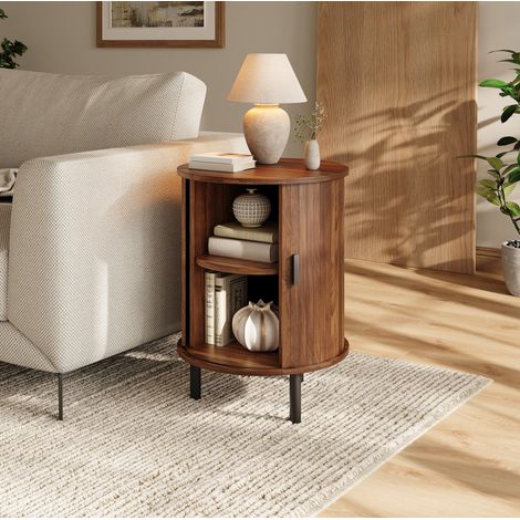 Tavolino rotondo 48x48x65 cm con anta scorrevole, ripiano interno, in MDF e truciolato noce (1/5)